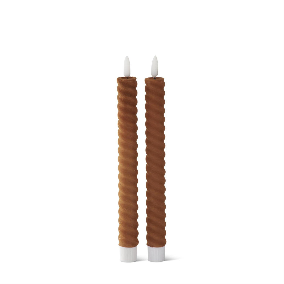 Set of two 9.75-inch brown flocked spiral LED taper candles with white flame tips.