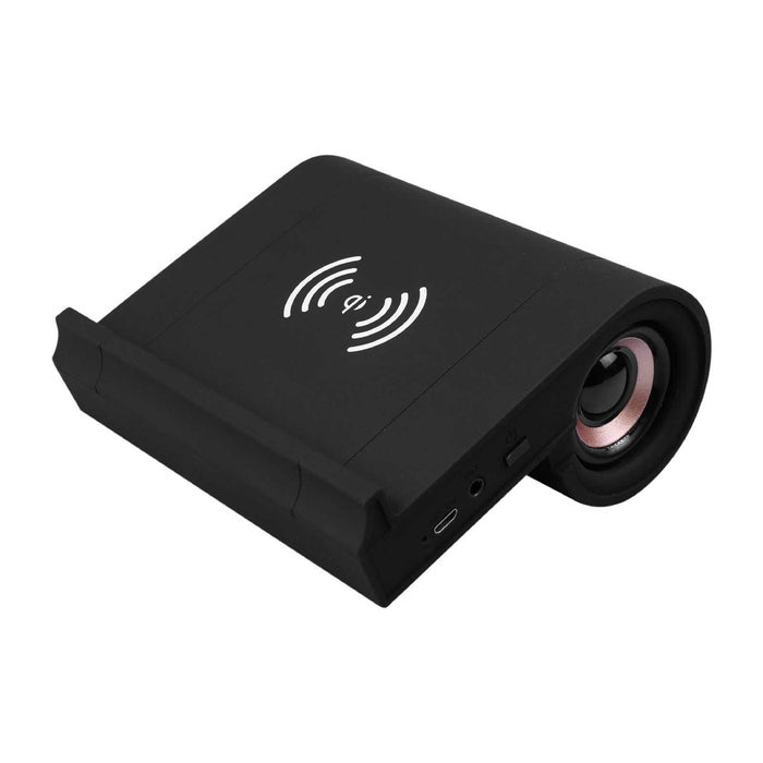 Black B1 Bluetooth desktop speaker with built-in Qi wireless charging pad on top.