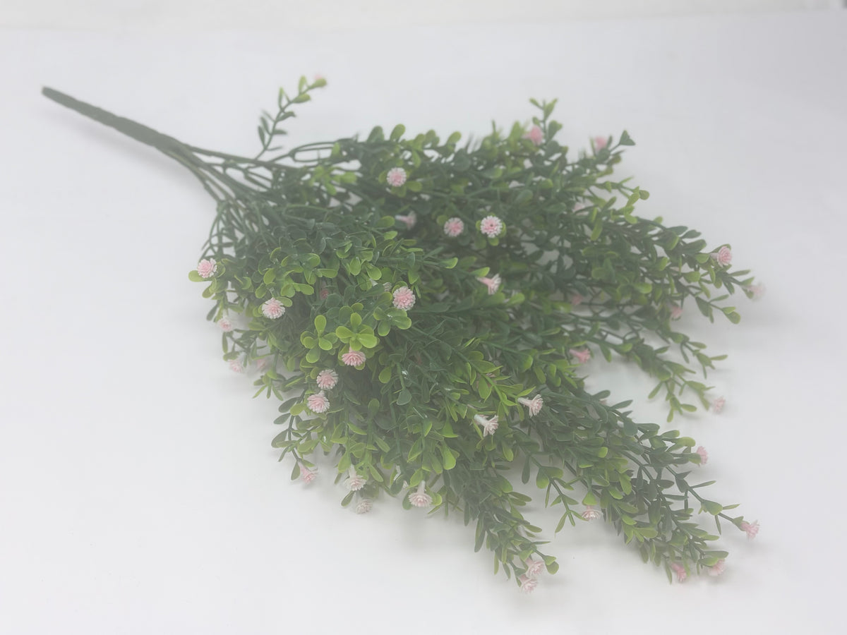 Green artificial gypso bush with small pink flowers, 19 inches long.