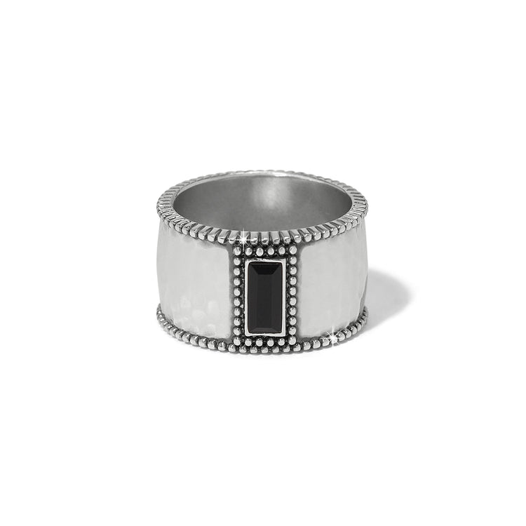 Silver-plated wide ring with hammered band, studded edges, and a rectangular black crystal gemstone.