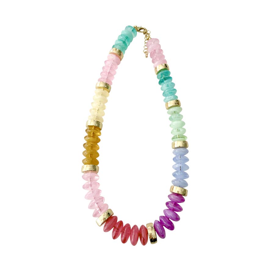 Calloway Beaded Disc Necklace featuring multi-colored gemstone discs and gold-tone spacers.