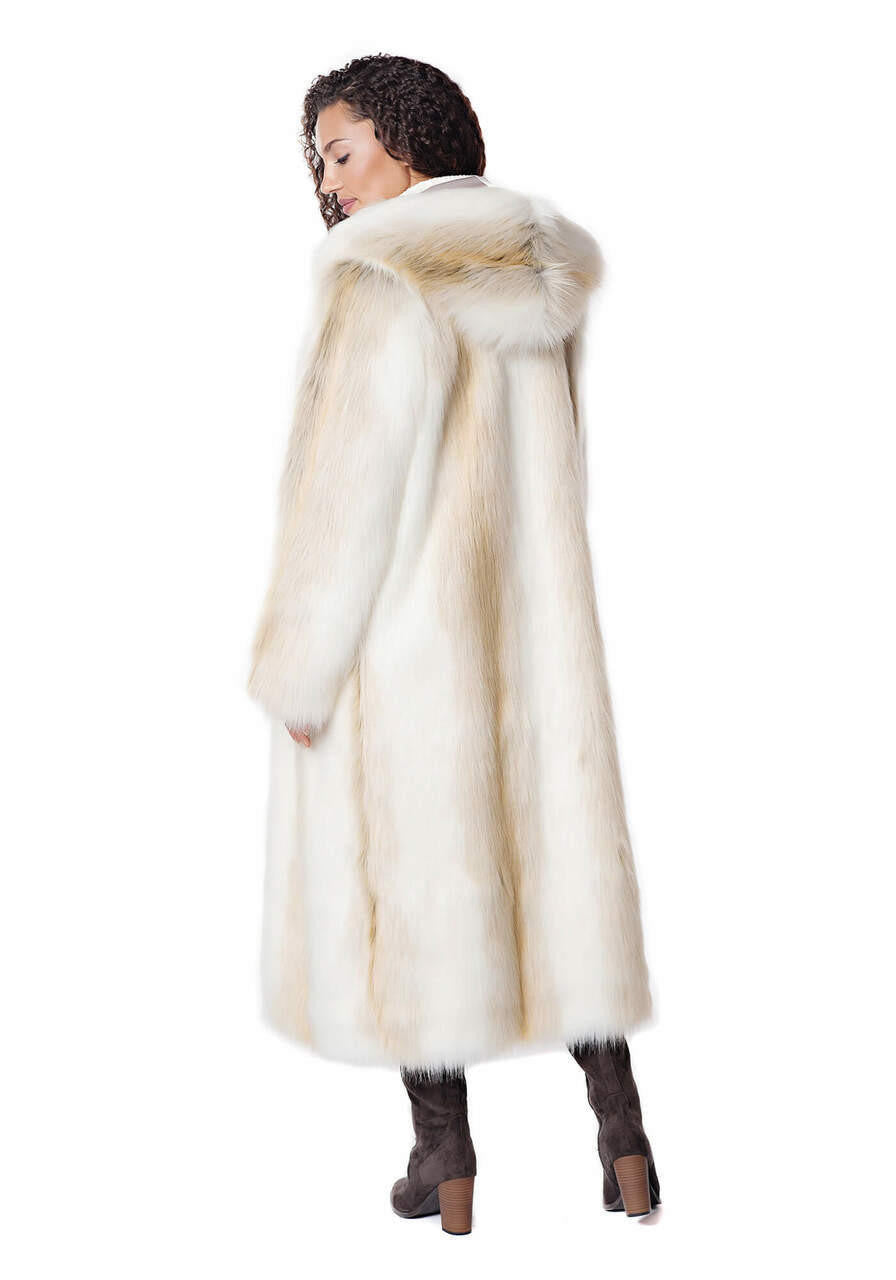 Woman wearing a long, white faux fur coat with a hood and mid-calf length.