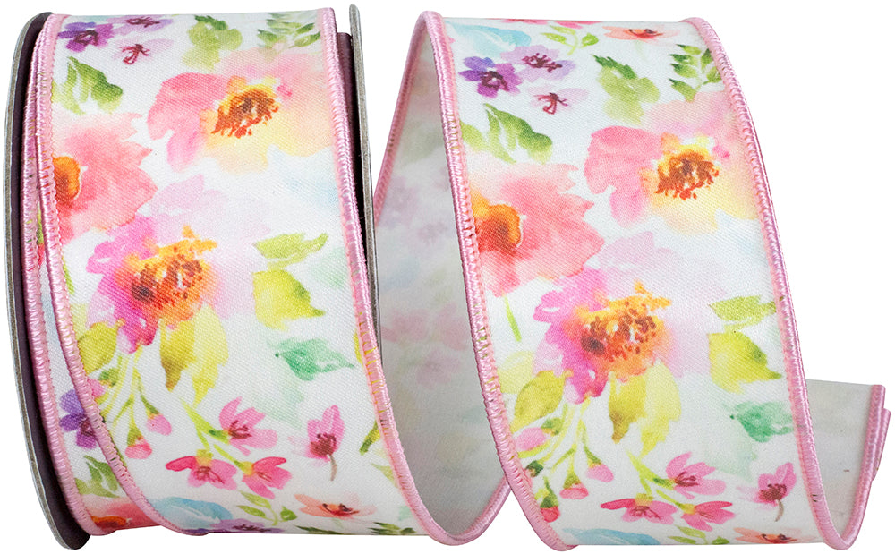 White ribbon with pink watercolor flower fused wired edge detail