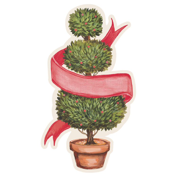 Holiday topiary table accent featuring a three-tiered green tree with red berries and a red ribbon.