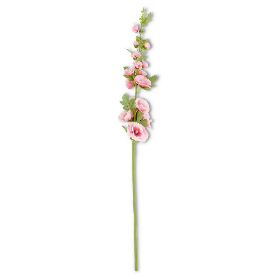 43-inch hollyhock stem artificial plant in PE iron wire with fabric petals and green foliage.