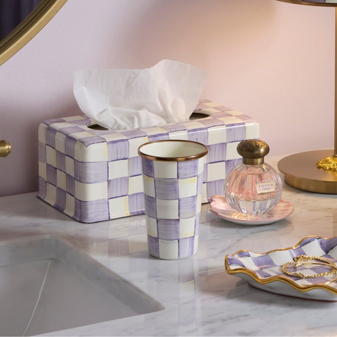 Violet checkered 10 oz tumbler with a cylindrical silhouette