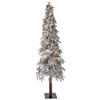 7-foot flocked Elk Pass Alpine artificial Christmas tree with clear twinkle lights on a slim trunk.