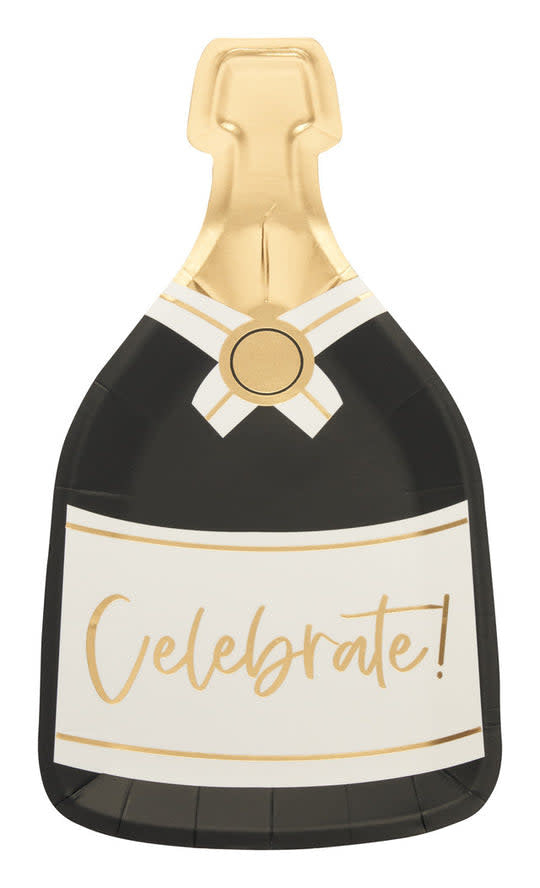 Black paper salad plate with gold champagne bottle die-cut center on white background