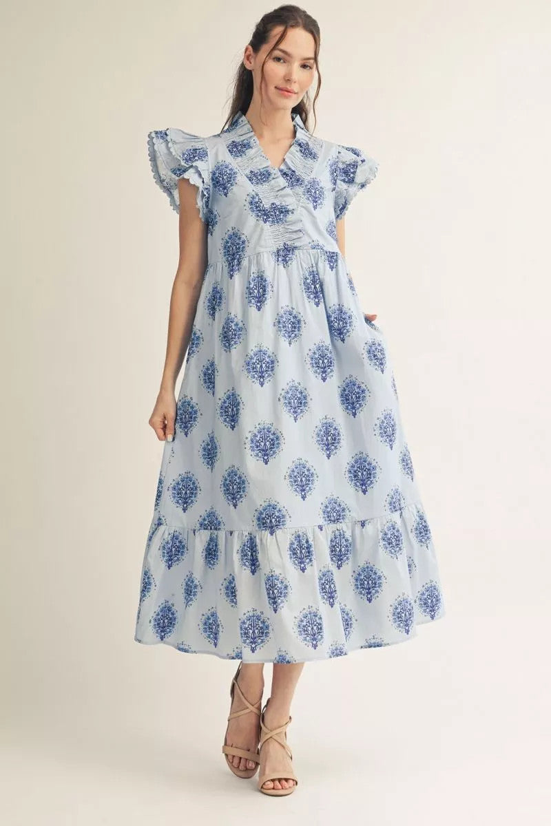 Ellie Layered Ruffle Cap Sleeves Floral Midi Dress