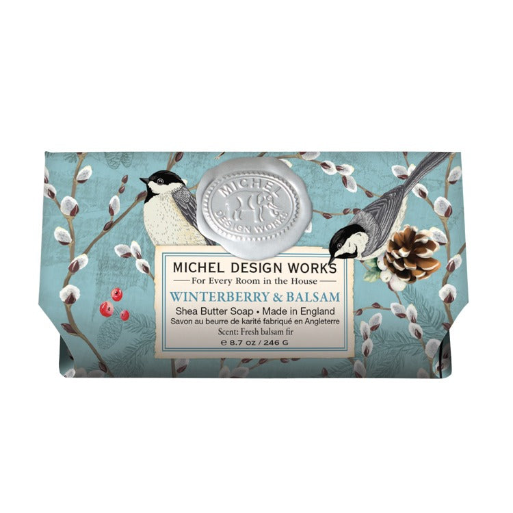Michel Design Works Winterberry & Balsam shea butter soap bar with bird and pussy willow pattern.