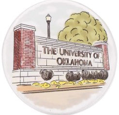 Round acrylic coaster featuring an illustration of The University of Oklahoma entrance sign.