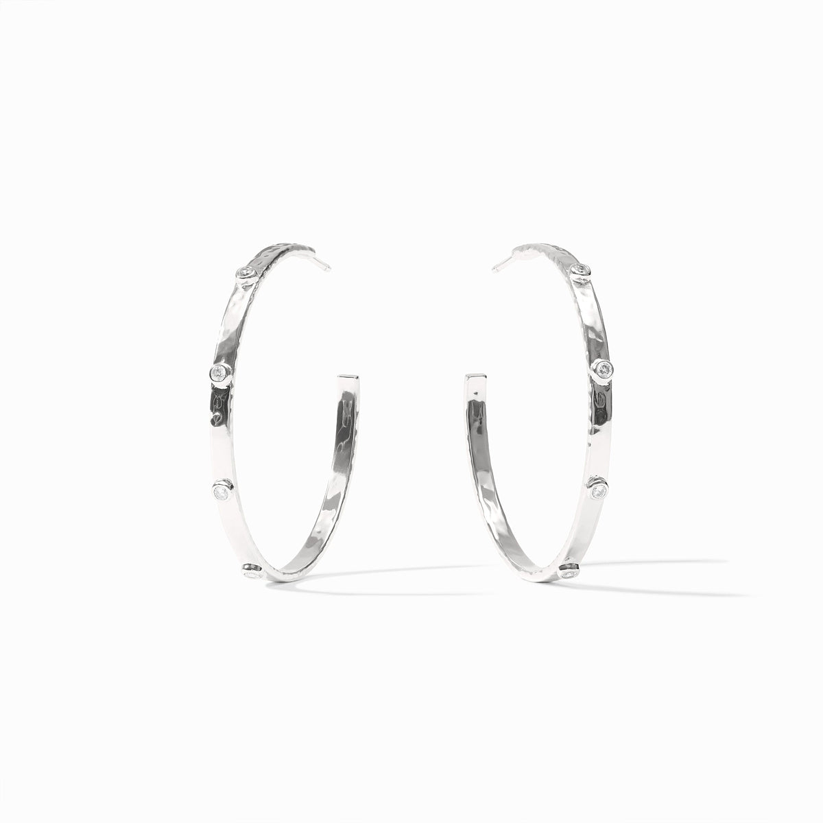 Medium silver hoop earring with hammered texture and reconstituted gemstone accents.