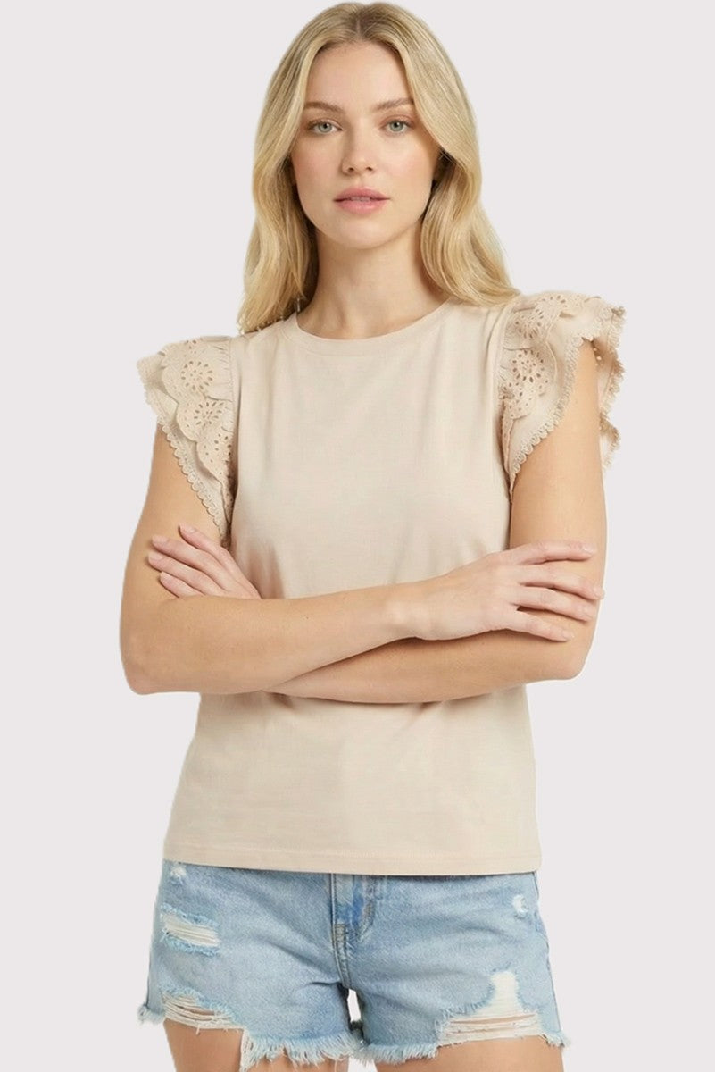 Addison scalloped eyelet laced sleeve top in cream cotton with crew neck and ruffle details