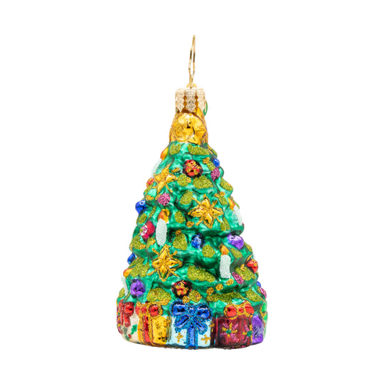Twinkling Tree Gem glass Christmas tree ornament with colorful decorations and gifts at the base.