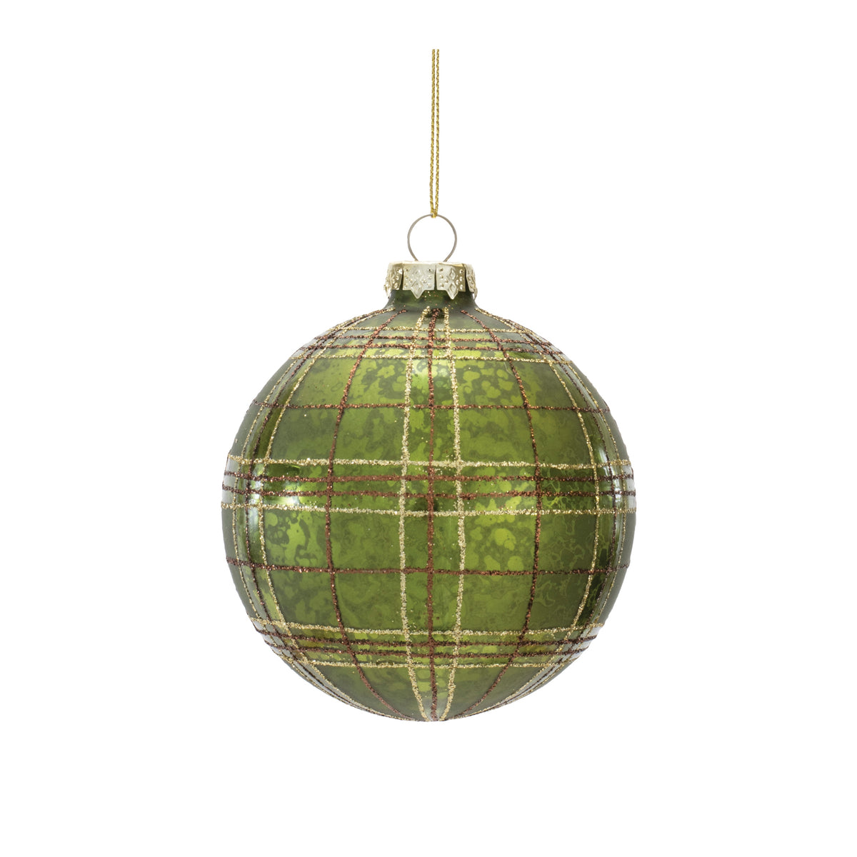 Green glass plaid Christmas ornament with gold and brown glitter stripes on a white background.