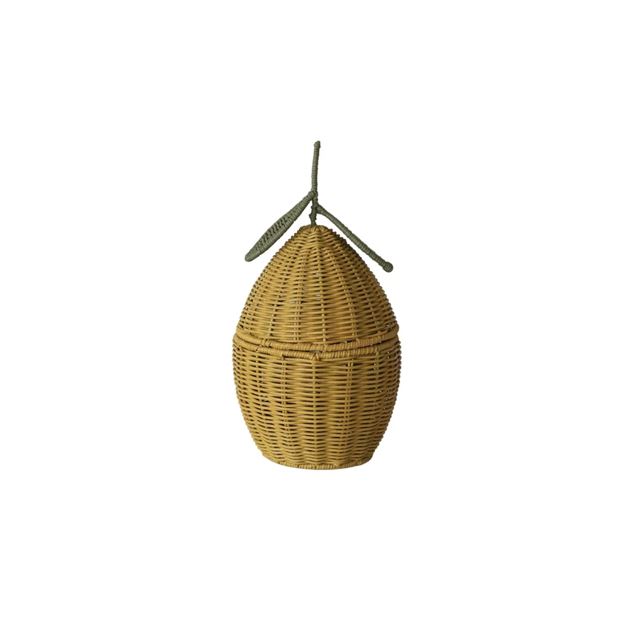 Hand-woven yellow rattan basket shaped like a lemon with natural texture