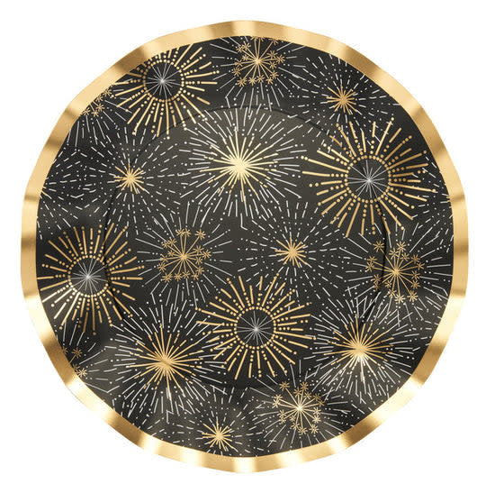 Black paper dinner plate with gold foil ruffled edge featuring fireworks pattern