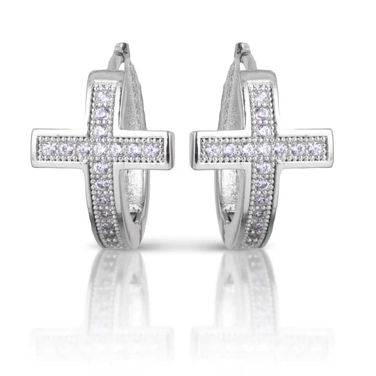 Silver cross huggie hoop earrings with clear cubic zirconia stone accents.