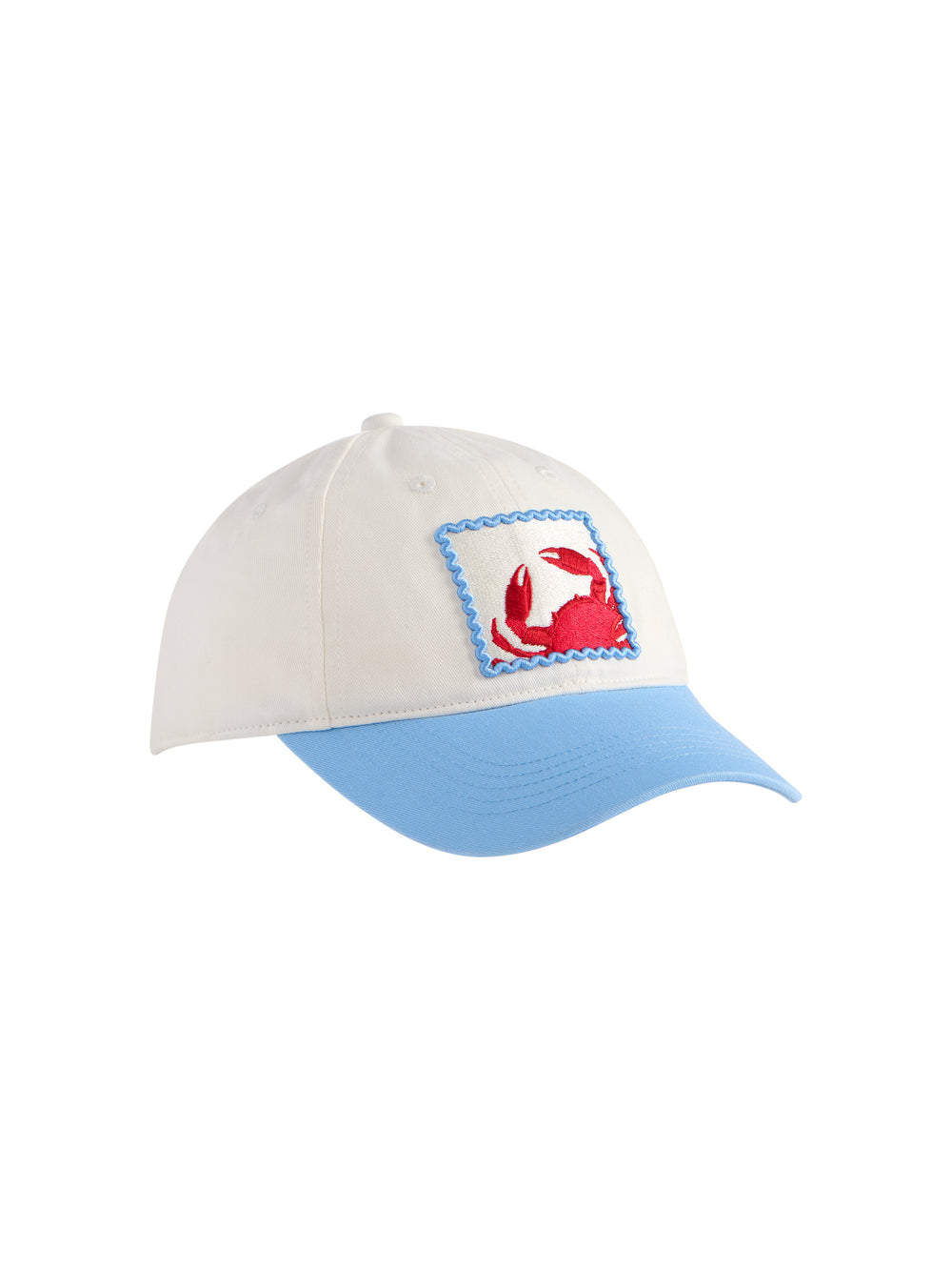 White cotton ball cap with a light blue brim and a red crab embroidered on the front.