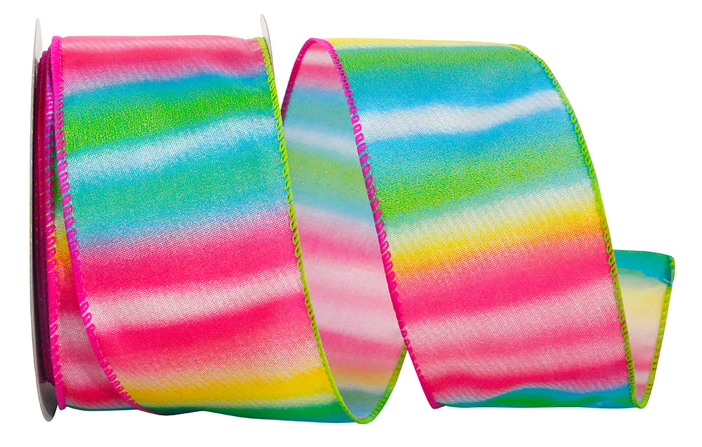 Rainbow Railroad striped wired edge ribbon in multi-color with a 2-1/2 inch width.