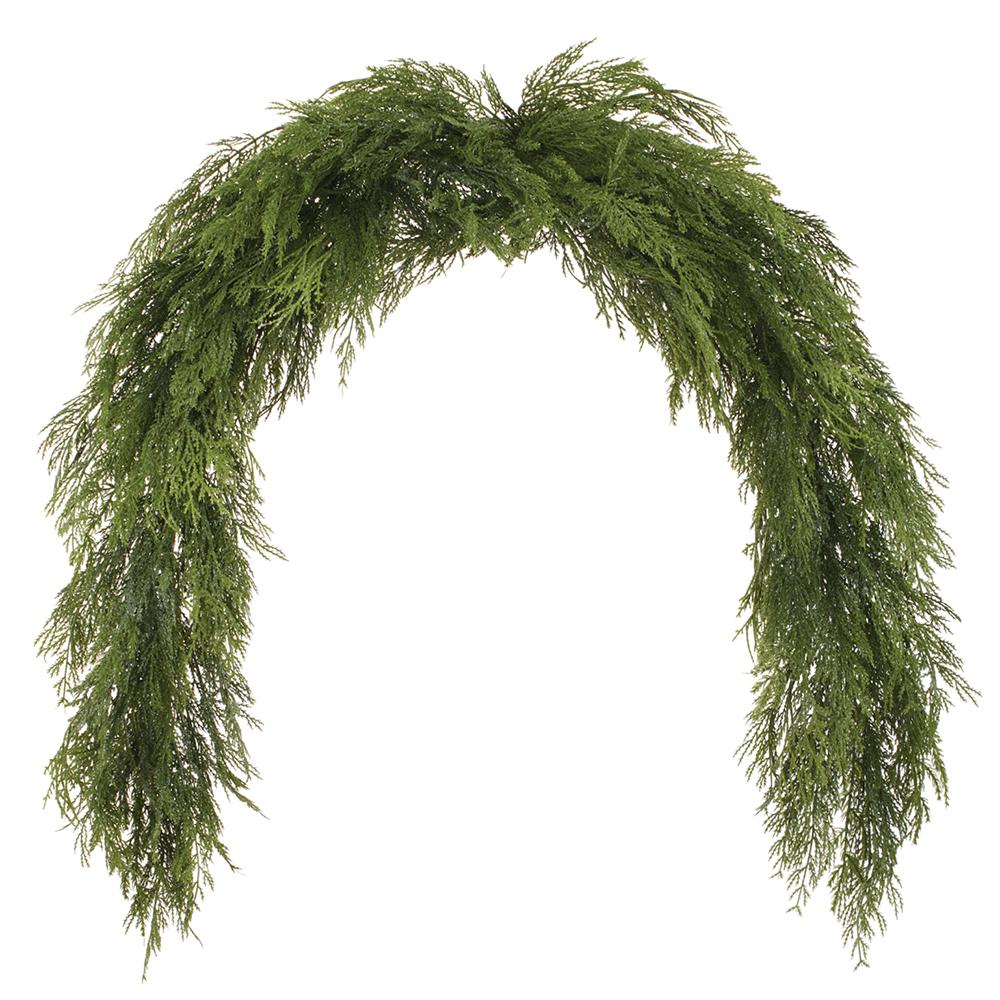 6-foot green glittered plastic mantel swag with mixed cedar garland on iron wire