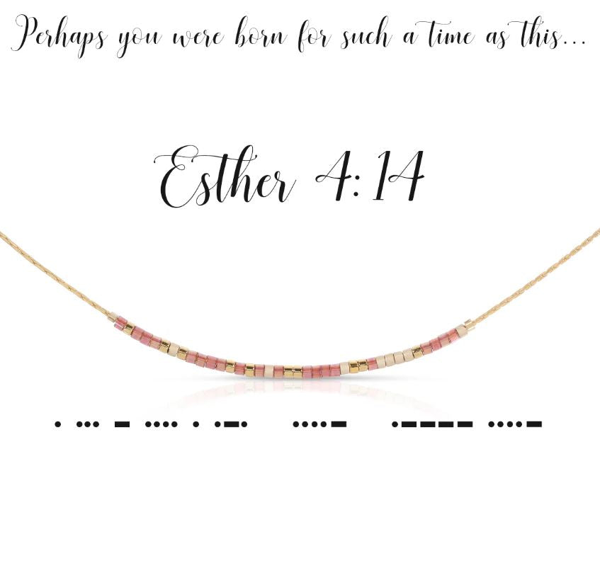 Esther 4:14 Morse code necklace with iridescent plum and pewter beads on a gold chain.