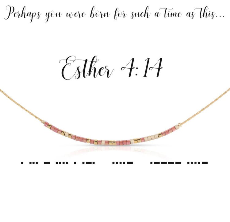 Esther 4:14 Morse code necklace with iridescent plum and pewter beads on a gold chain.