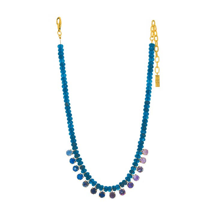 Antique gold plated brass Bonnie necklace with high quality crystals and beads on a 17-inch chain.
