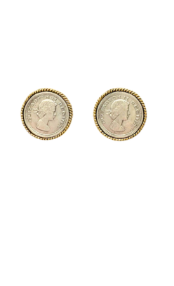 Elizabeth Coin Earrings featuring silver coins in gold rope-textured clip-on settings.