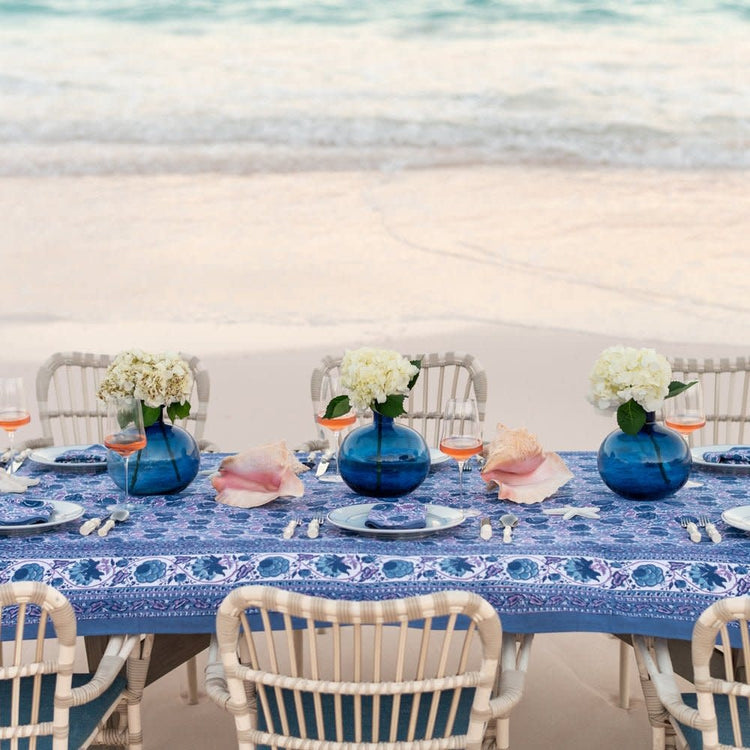 Bohemian floral tablecloth with purple and blue cotton fabric featuring a vibrant botanical print.