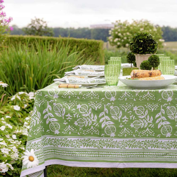 Green cotton tablecloth with hand-painted pomegranate pattern