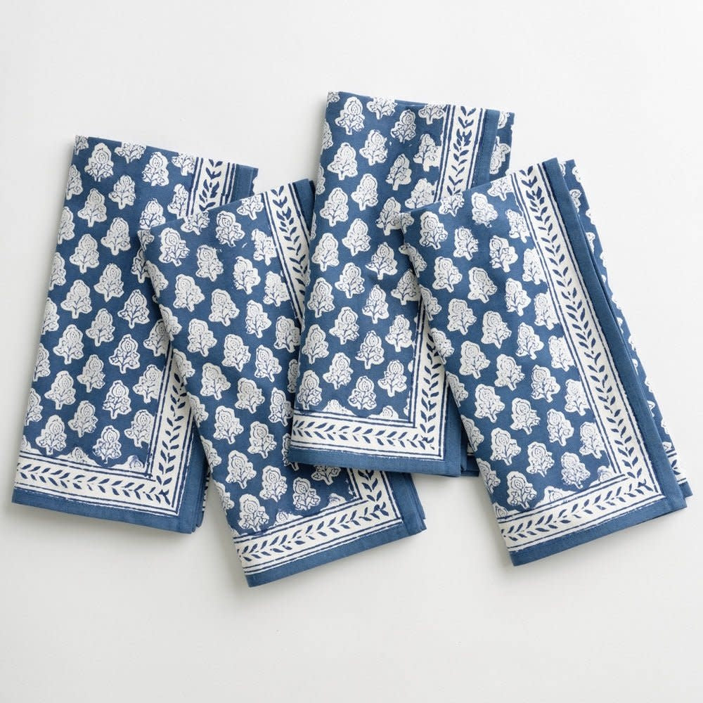 Set of blue cotton napkins with white floral print