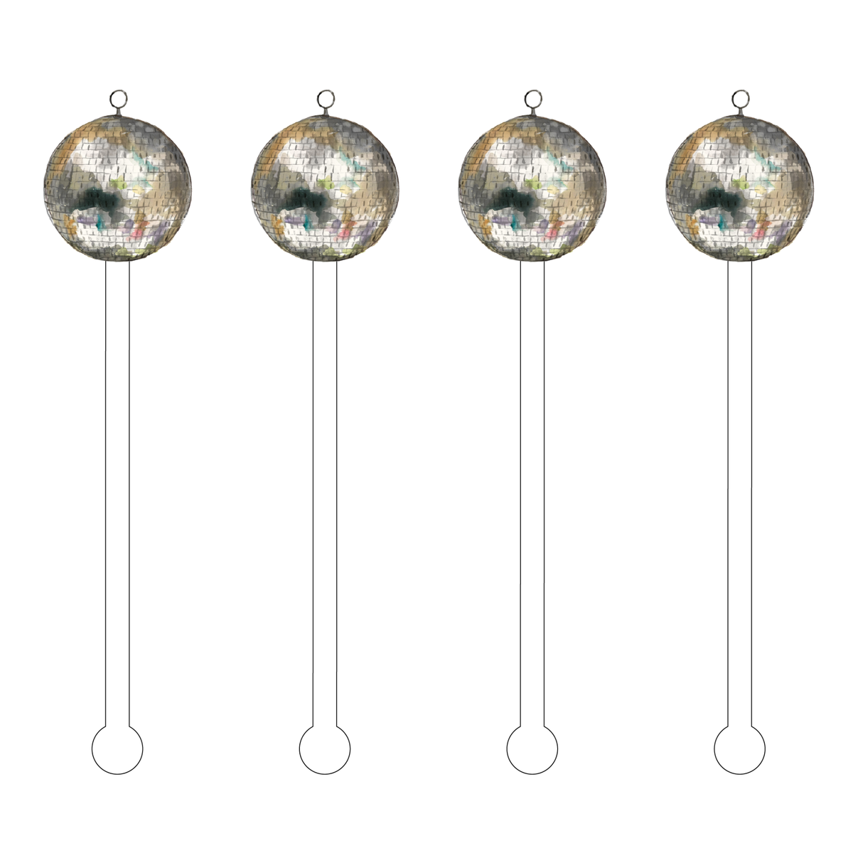 Set of four clear acrylic stir sticks with a disco ball sphere on top.