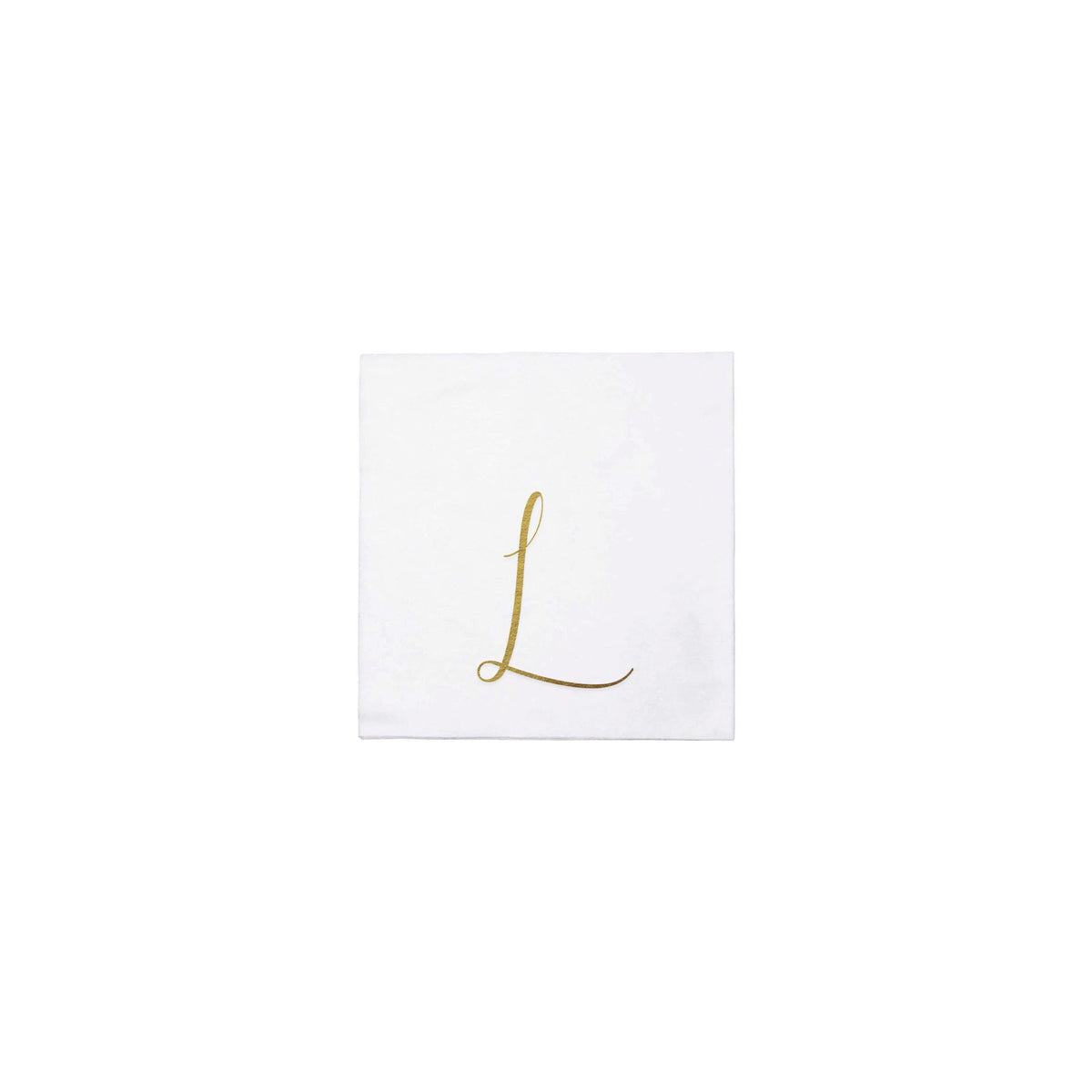 White Papersoft cocktail napkin with a gold script monogram letter L in the center.