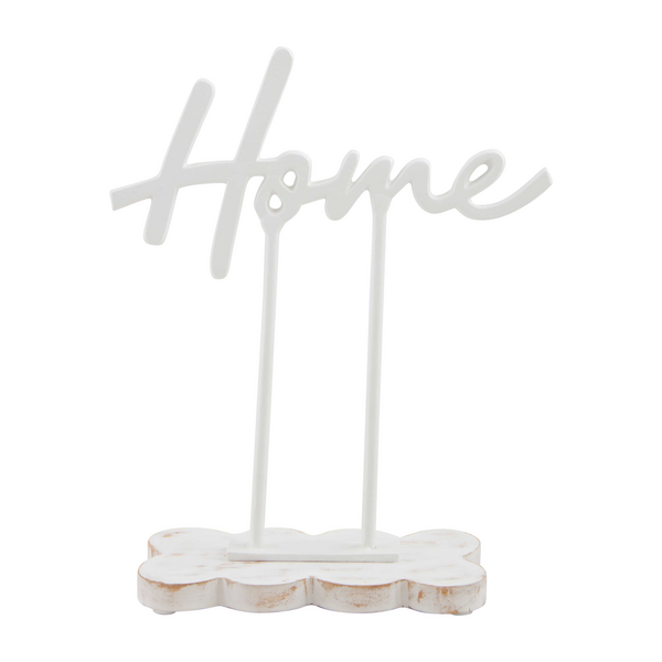 Cast aluminum word sitter with mango wood base in natural finish