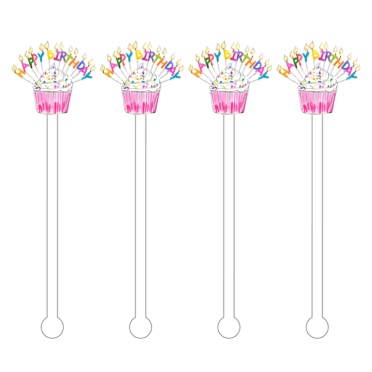 Four clear acrylic stir sticks with colorful birthday sprinkle designs on a white background.
