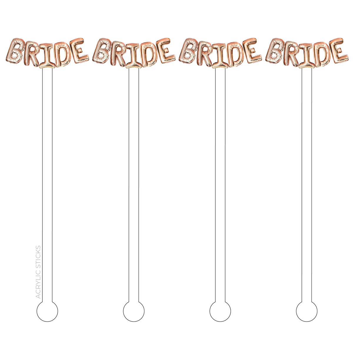 Four rose gold acrylic stir sticks with helium balloon shapes on clear handles.