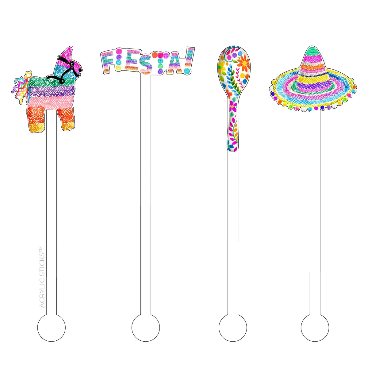 Clear acrylic skewer with 'Let's Fiesta Amigo' text in bold black font.