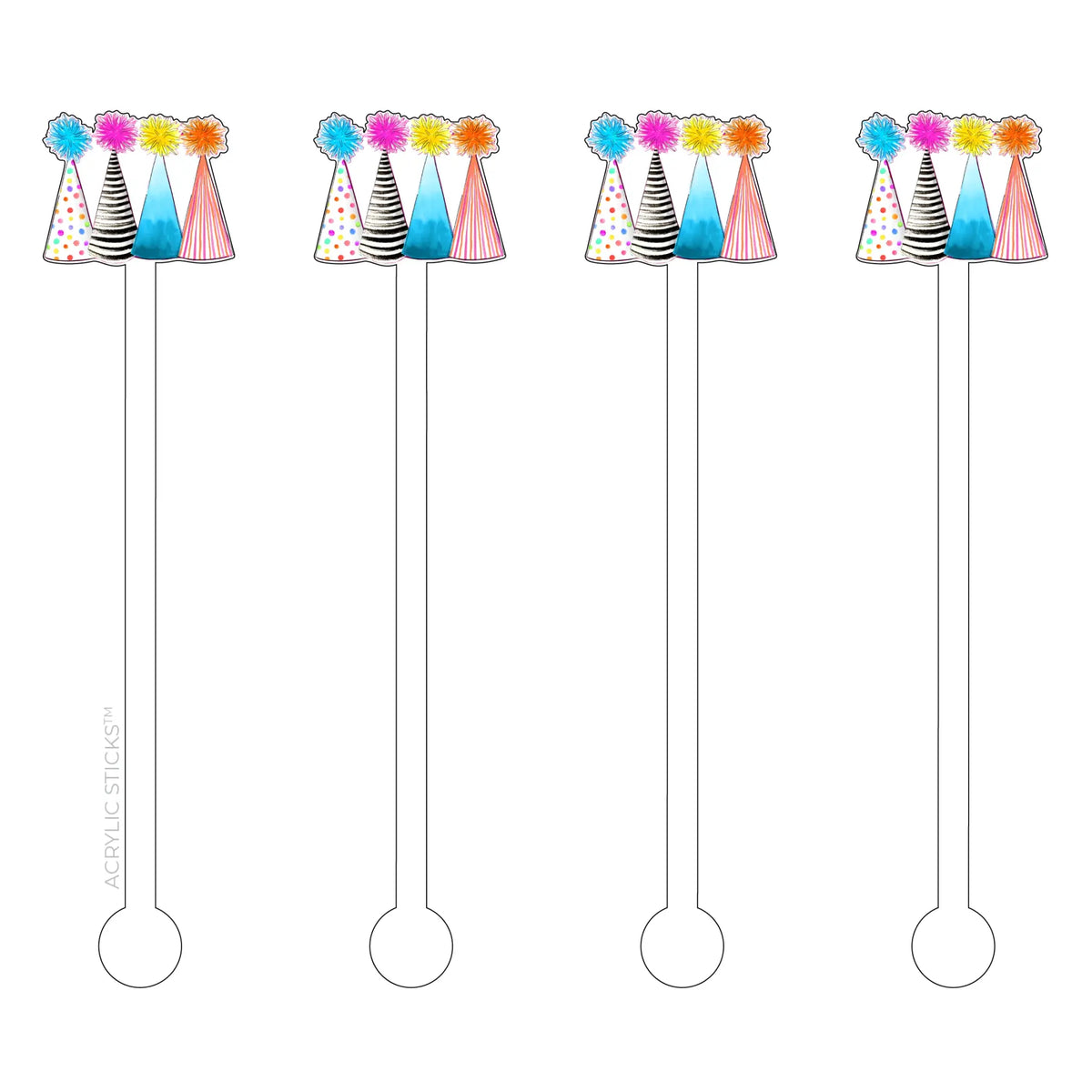 Four clear acrylic stir sticks with a party hat shape on top.