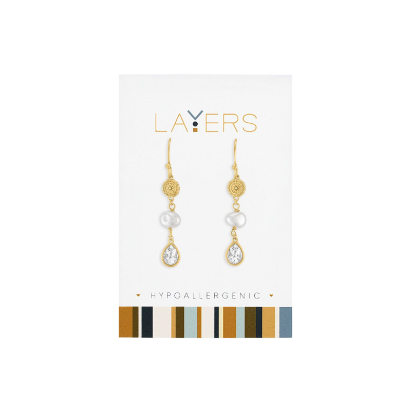 Gold medallion dangle earrings with a white pearl and a clear teardrop cubic zirconia stone.