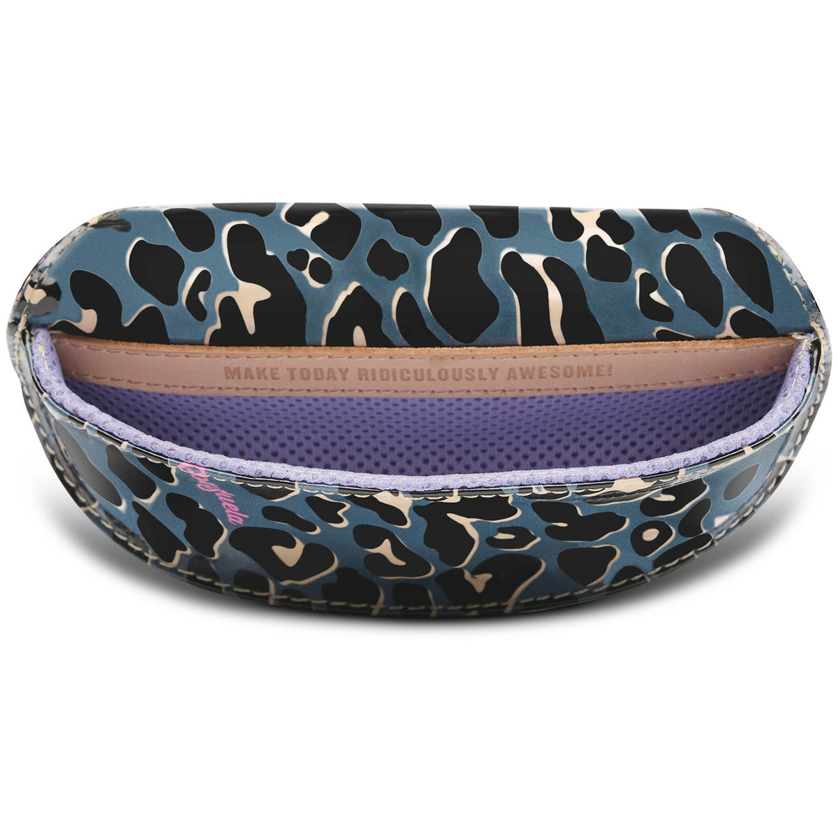 Open Danni sunglass case with blue leopard print and "MAKE TODAY RIDICULOUSLY AWESOME!" inside.