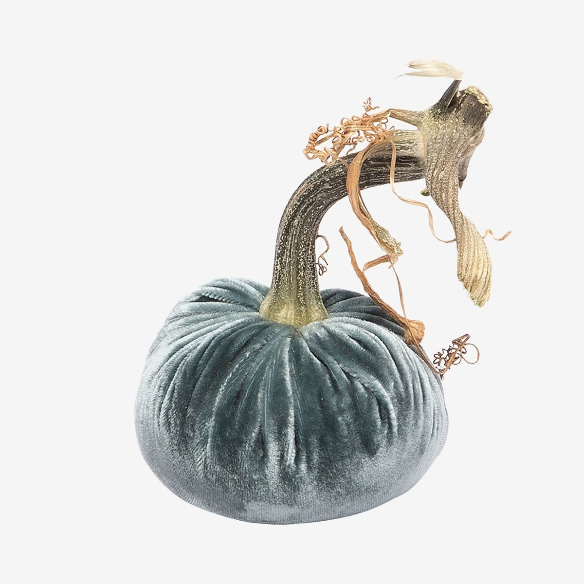 Handmade velvet pumpkin in Wedgewood blue with a natural stem.