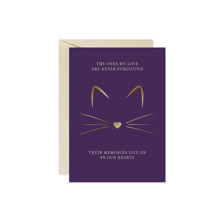 White rectangular sympathy card featuring a black cat illustration with the text Beloved Cat.
