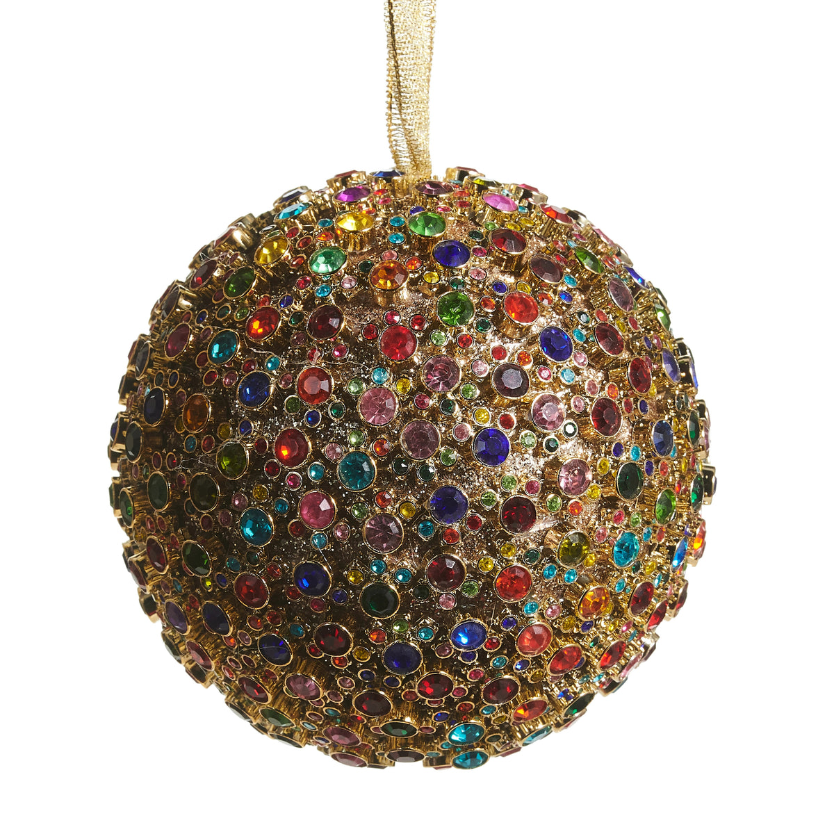 4-inch gold foam ball ornament covered in vibrant, multicolored glass jewels with a gold ribbon.