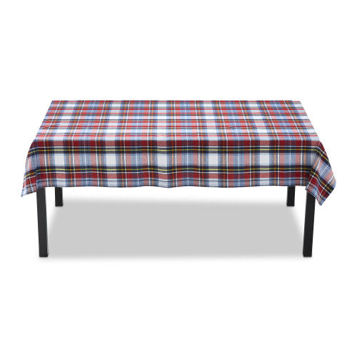 Plaid tablecloth with stitched bold colors on a rectangular shape