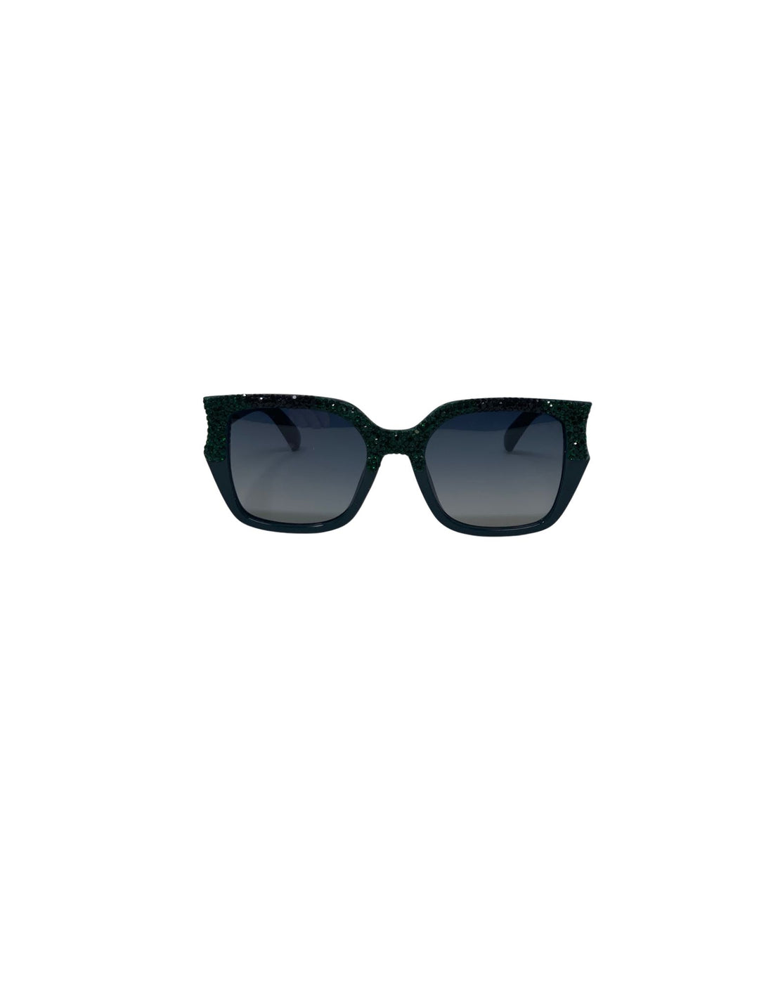Black square sunglasses with dark gradient lenses and green rhinestone embellishments on the frame.