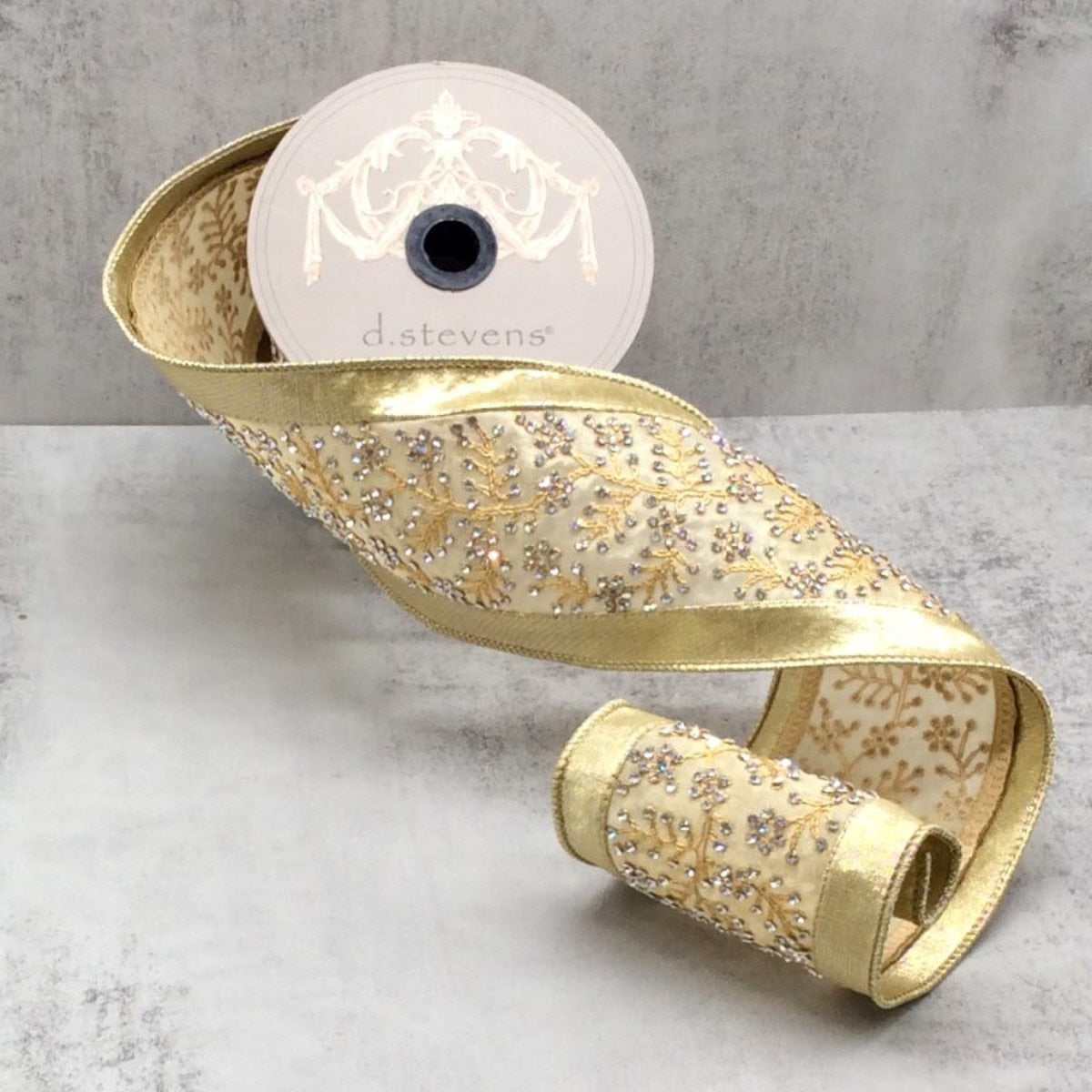 Gold metallic dupion crystal branch center trim measuring four inches wide by five yards long.