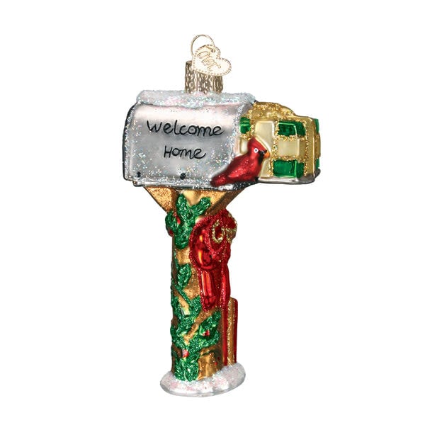Mouth-blown glass mailbox ornament with silver interior and hand-painted colorful lacquers.