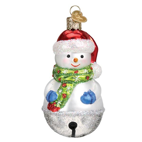 Glass Jingle Bell Snowman Ornament with a red Santa hat, green scarf, and blue mittens.