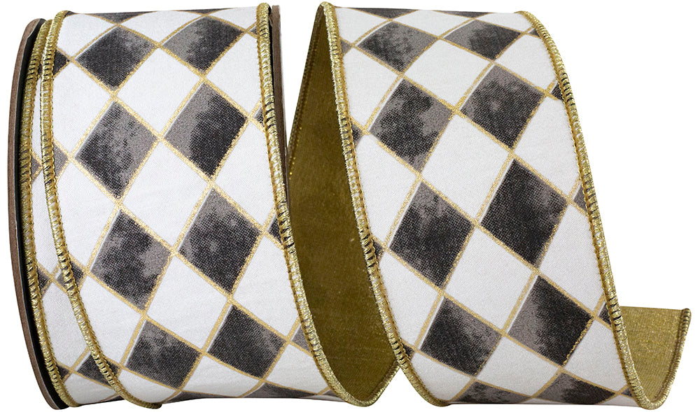 Harlequin diamond pattern wired edge ribbon in white and grey with gold gilded outlines.